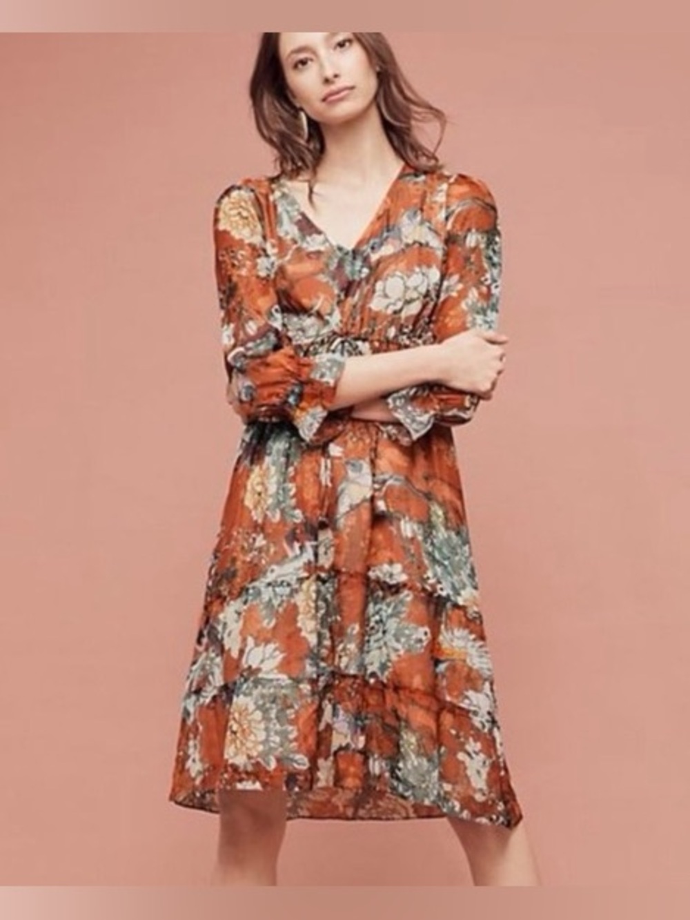 Anthropologie Hemant & Nandita ZERI Copper Floral Midi Dress Size 0P - C22-047